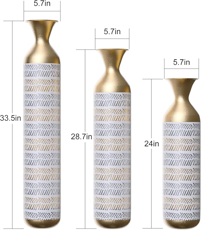 Tall Floor Vase Set of 3 - Large Vintage Modern Oversized Metal Vases for Decor Living Room, Gold Decorative for Corner Hallway