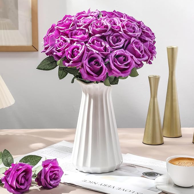 30 Pcs Rose Artificial Flowers in Bulk Real Touch Long Stem Silk Roses Bouquets Realistic Faux Flowers for Wedding Bridal Shower Home Decor Floral Arrangements Table Centerpiece(Purple)