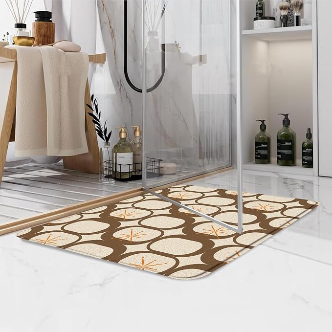 Mid Century Modern Bath Mat Abstract Atomic Geometric Retro 1950s Brown Bathroom Kitchen Toilet Rugs,24x48 Inch