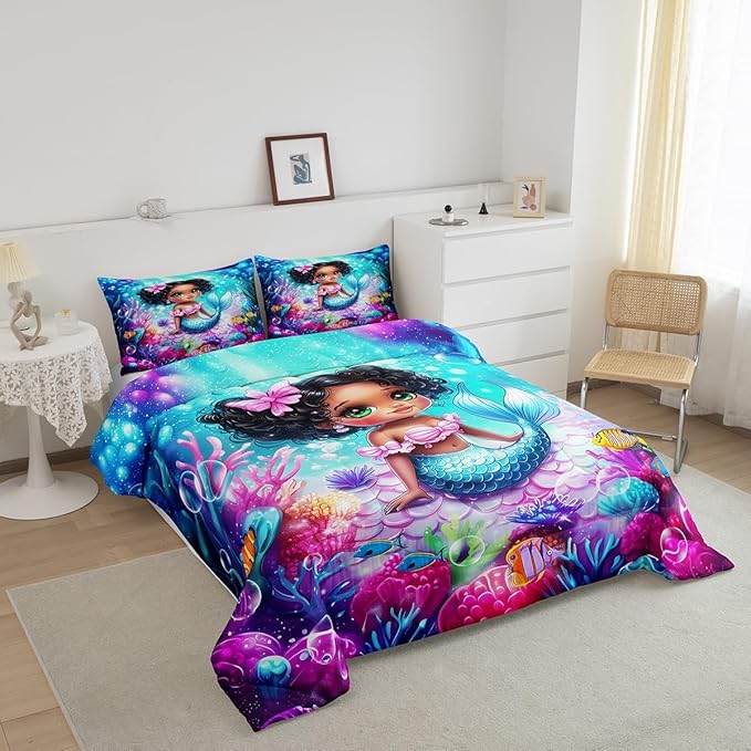 Cute Mermaid Comforter Set King Size,Reversible Cute Girl Fish Scale Print Black Bedding Set All Season Quilt Set,African Style Cartoon Fairy Tale Theme Microfiber Polyester Down Comforter