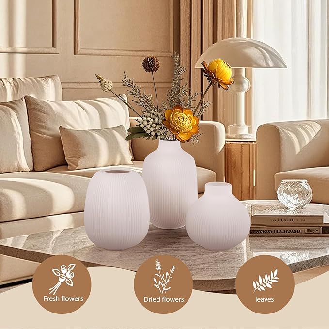 White Ceramic Vase Set of 3, Decorative Vases for Flowers, Home Decor Modern Minimalist Pottery Vases for Bouquet Pampas Grass Dried Fresh, Bookshelf, Shelf, Bedroom, Entryway Mantel Decor