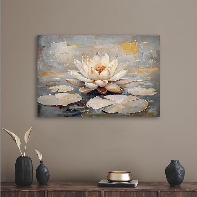 Ethereal white lotus floating on Crystal Waters poster vintage oil painting printwall art soft blush and gold accents serene home and office decor dreamy 16x24in Wood Framed