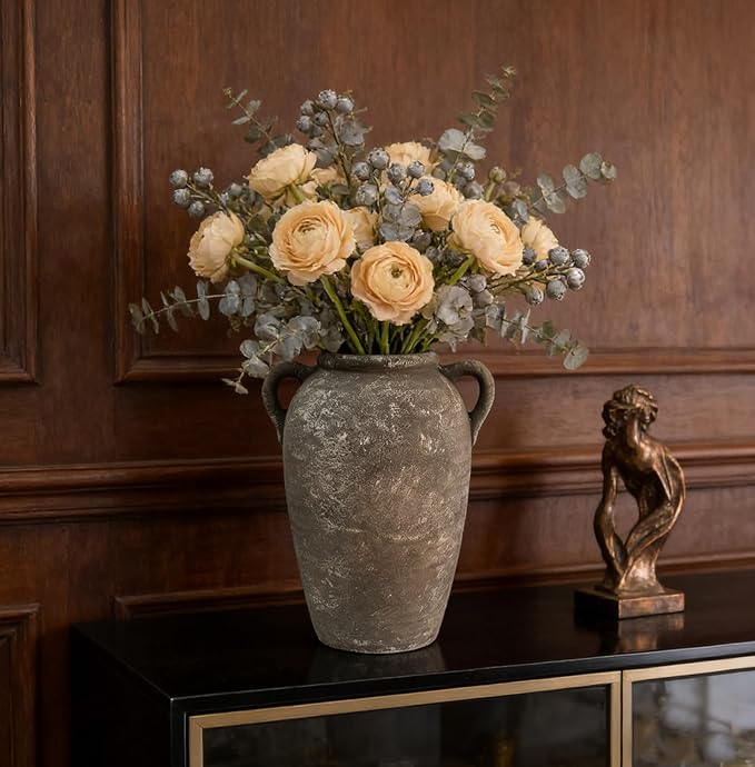 Ceramic Flower Vase with Handles Home Decor - 9 Inch Farmhouse Rustic Table Vases Living Room Decoration Decorative Vintage Pottery for Kitchen Shelf Dining Bookshelf Fireplace Centerpiece (Retro-9")