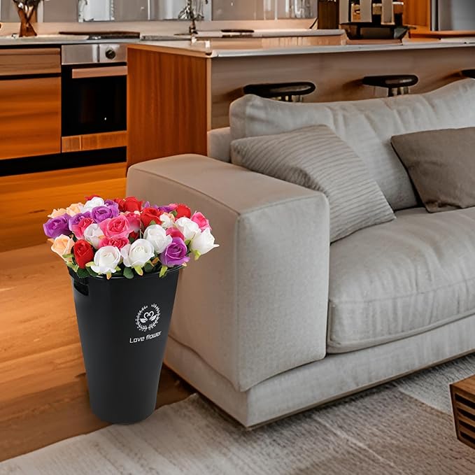 4-Pack Tall Flower Plant Buckets with Handles, Wake Up Flower Display Buckets, Flower Display Plastic Buckets, Black