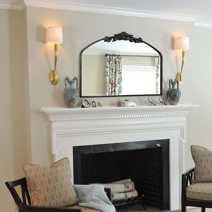 Black Arched Mirror 40"X31", Vintage Antique Baroque Mantel Mirror with Black Brush Gold Metal Frame, Ornate Wall Decor for Entryway/Fireplace/Living Room/Hallway/Bathroom/Bedroom