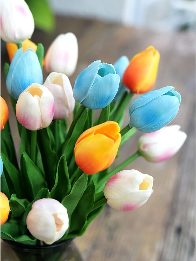 FiveSeasonStuff Real Touch Tulips Artificial Flowers – 15 Stems Faux Tulip Bouquet in Gift Box for Wedding, Home Decor, Party, Floral Arrangements (Arctic Blue)