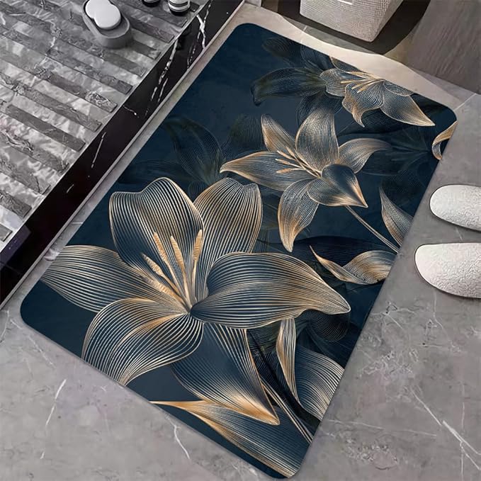 Diatomaceous Earth Bath Mat,Abstract Dark Flowers in Golden line Non-Slip Volume Super Absorbent Fast Drying for Bathroom Kitchen mat,Eco-Friendly Easy to Clean 16×24Inch (40 * 60cm)