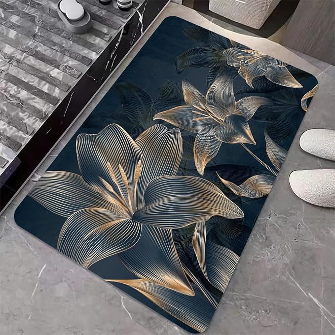 Diatomaceous Earth Bath Mat,Abstract Dark Flowers in Golden line Non-Slip Volume Super Absorbent Fast Drying for Bathroom Kitchen mat,Eco-Friendly Easy to Clean 20×31Inch (50 * 80cm)