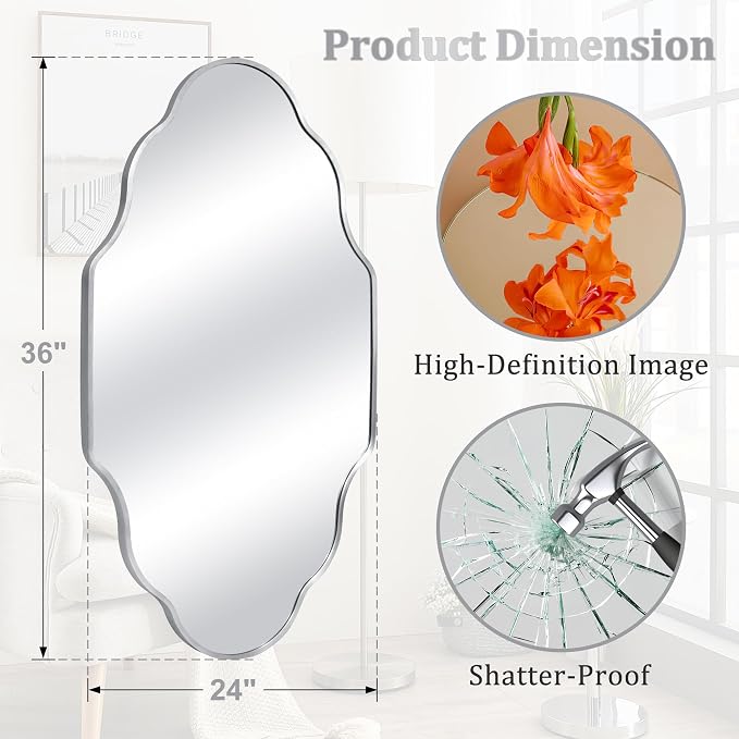 Scalloped Mirror for Bathroom - 24"x36" Silver Bathroom Mirror with Aviation Aluminum Alloy Frame & Shatter-Proof Glass for Living Room Bedroom Entryway, Brushed Silver Frame(x1)