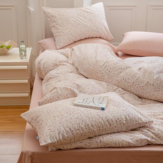 EAVD Pink Botanical Duvet Cover Queen - Soft 100% Cotton Garden Floral Tree Branches Pattern Bedding Set with 2 Pillowcases Vintage Style Comforter Cover with Zipper Closure