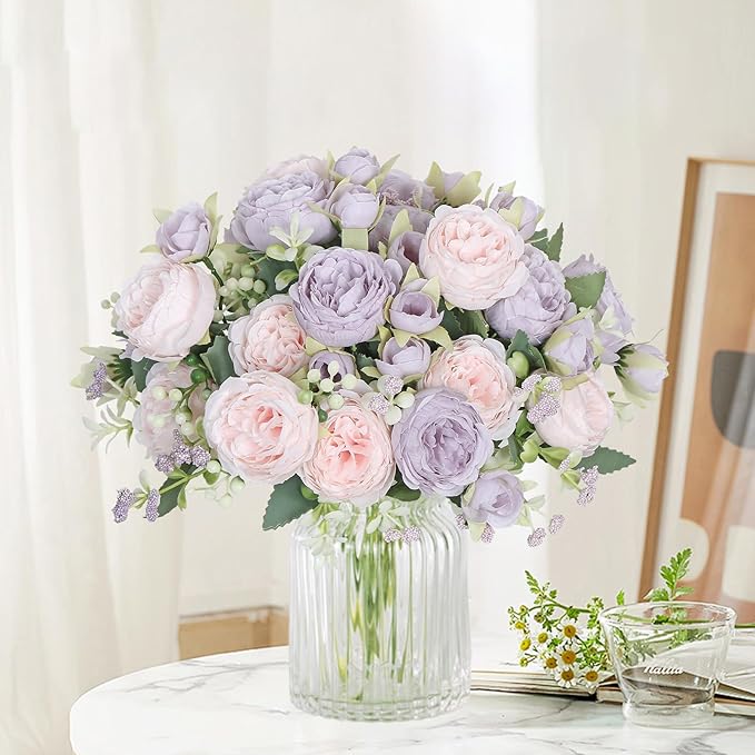SOMYTING Peonies Artificial Flowers, Fake Flowers Purple Peonies Faux Flowers Vintage Artificial Silk Flower Peonies Bouquets Floral Arrangements Home Wedding Party Table Decor (Pink Purple, 2PCS)