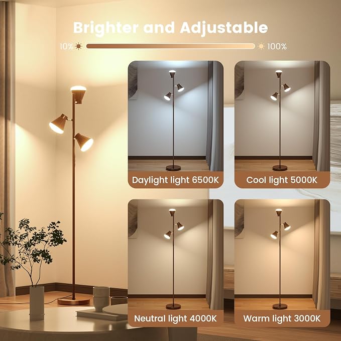 SIBRILLE 36W LED Tree Floor Lamp, Dimmable Tall Standing Lamp with Remote & Touch Control, 4 Color Temperatures Bright Floor Lamp, 3 Rotatable Light Modern Floor Lamps