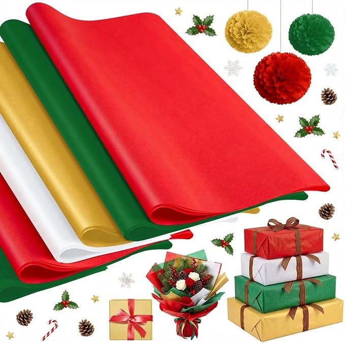 Qilery 500 Sheets Christmas Colored Tissue Paper Bulk 15 x 20 Inch Red Green Gold White Wrapping Paper for Gift Bags Acid Free Tissue for Christmas Craft Supplies, Bouquets, Garlands, Forming Pompoms