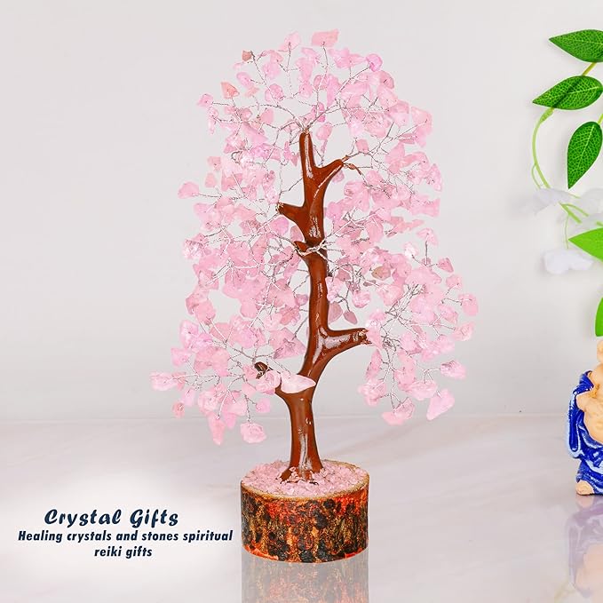 YATHABI Rose Quartz Tree - Pink Crystal Desk Decor - Feng Shui Gemstone Bonsai - Spiritual Gift for Positive Energy