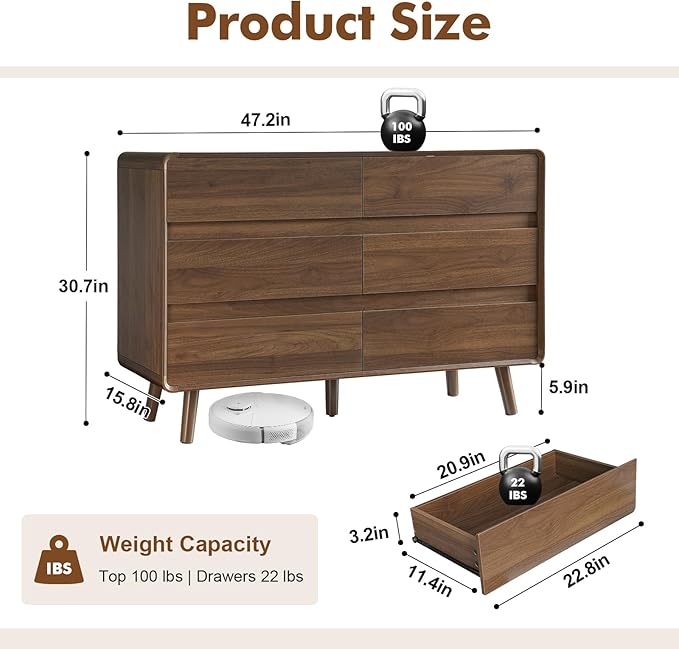 Dresser for Bedroom, 47" Wide Mid Century Modern Chest of Drawers with 6 Storage Drawers, Curved Beveled Design, Dark Wood Dresser TV Stand for Living Room, Closet, Walnut