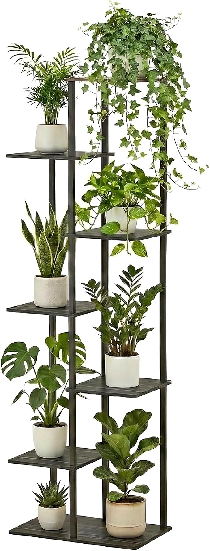 Plant Stand Indoor 7 Tier 8 Potted Metal Wood Plant Shelf, Multiple Flower Pots Corner Tall Plant Holder Stands for Living Room Balcony Bedroom, Black