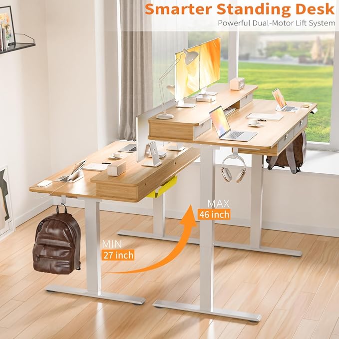 55 * 30 Inches Electric Standing Widened Desk Adjustable Height with 4 Drawers, Double Storage Shelves, Home Office Workstation Sit Stand up Desk (Nature)