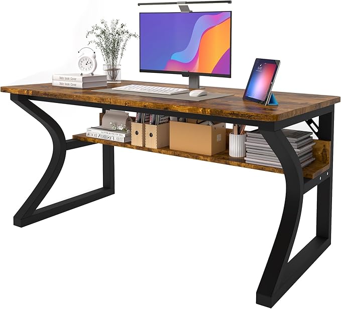 AZN Computer Desk, 55'' Computer Desk, Home Office Desks w/Storage, Home Office Desks w/U-Size Metal Frame for Home Office Bedroom, Study Writing Work Table w/Water-Resistant, Scratchproof Surface