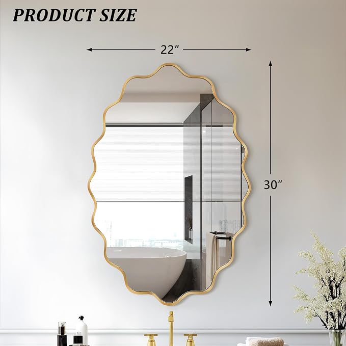Oval Wavy Wall Mirror -Irregular Wall Mirror with Gold Asymmetrical Aluminum Alloy Frame,24"x36" Decorative Wall Mirrors for Bathroom, Bedroom, Living Room, Dining Room，Entryway