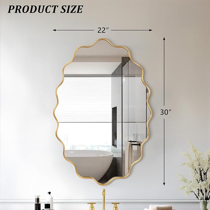 Oval Wavy Wall Mirror -Irregular Wall Mirror with Gold Asymmetrical Aluminum Alloy Frame,22"x30" Decorative Wall Mirrors for Bathroom, Bedroom, Living Room, Dining Room，Entryway