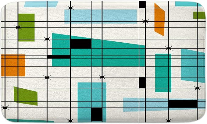DYNH Mid Century Bath Rug Mat, Aesthetic Abstract Geometric Mid Century Bath Mat Rug, Teal Retro Grid Starbursts 1950S 1960S MCM Modern Minimalist Floor Rug mat for Kitchen/Bathroom,16X24