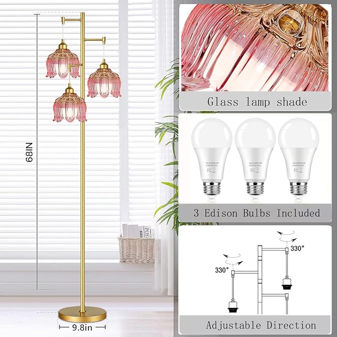 QIYIZM Pink Floor Lamp for Living Room,Bedroom,Gold Mid Century Modern Standing Lamp Brass Tree 3 Light Tall Floor Lamps Vintage Retro Floor Lights Glass Flower Lamp Shade Girls Kids Boho Bohemian