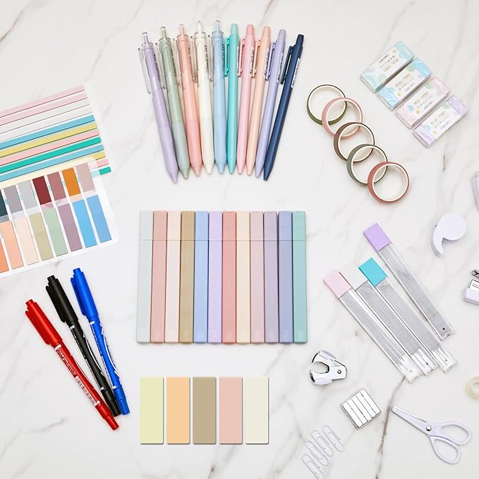 Sinload 60 Pcs Aesthetic Book Annotation Kit School Supplies Cute Pencil Case 12 Highlighter 5 Gel Pen 6 Mechanical Pencil 5 Magnetic Bookmark 1220 Pcs Sticky Note Tab Student Stationary(Black)