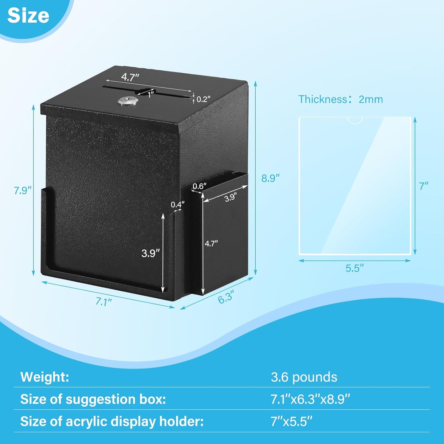 Xydled Donation Box - Key Lock Acrylic Sign Holder & Metal Ballot Drop Box | 8.9''x7.1''x6.3'', Black