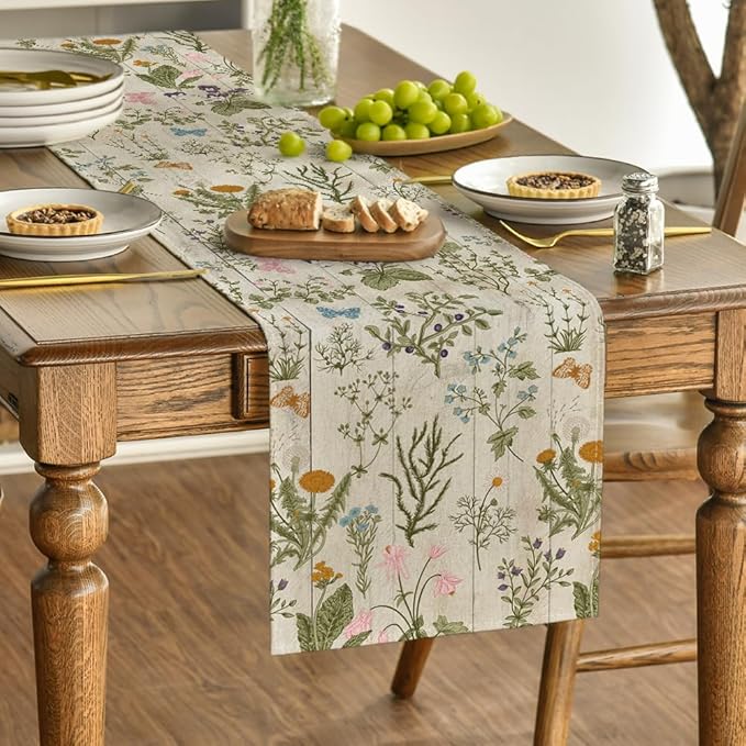 Artoid Mode Wood Wild Flowers Floral Spring Table Runner, Seasonal Summer Kitchen Dining Table Decoration for Home Party Decor 13x120 Inch