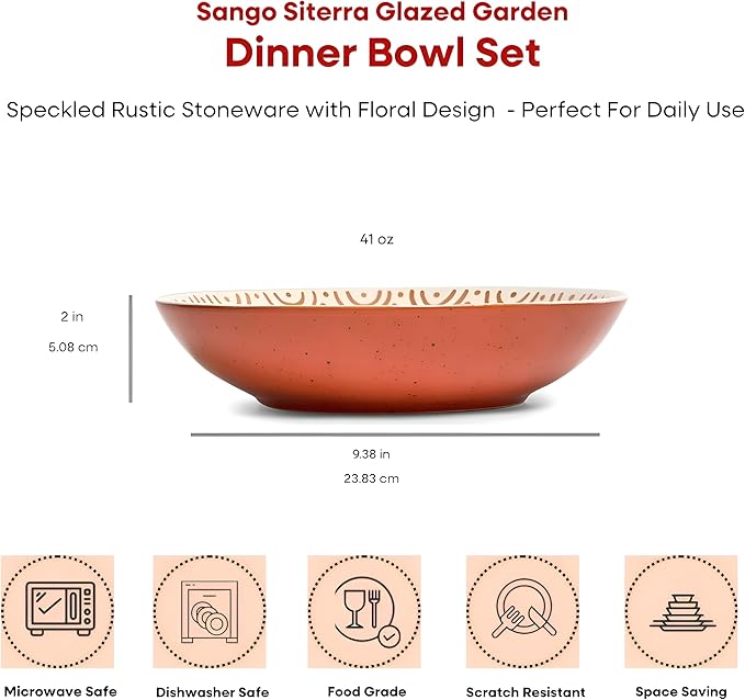 Sango 4-Piece Speckled Stoneware Pasta Bowl Set- Wide Shallow Dinner Bowls with Hand-Painted Rustic Design, Farmhouse Glossy Large Ceramic Bowls for Pasta, Salad & Everyday Meal, Siterra Glazed Garden