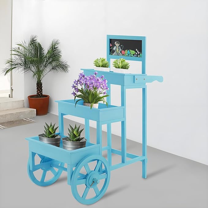 Flower Display Stand | 3-Tier Wood Flower Cart | Flower Cart Display Stand with Wheels | Ladder Shaped Plant stand | Market flower display Stand | Handle & Blackboard (Blue)
