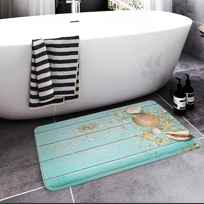 Britimes Bath Mat for Bathroom Beach Shell Sea Collection Vintage Boho Washable Floor Rug Carpets Floor Mat Bathroom Decorations 20x32 inches for Kitchen Bedroom