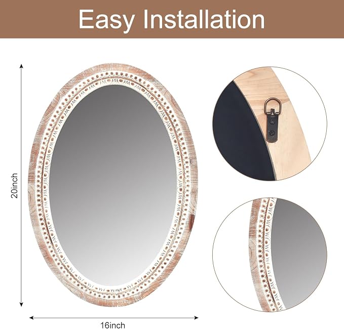 20'' Oval Wall Mounted Mirror, Wood Decorative Circle Mirrors, Boho Mirrors with Beaded Frame, Rustic Vanity Mirror, Distressed Mirror for Bathroom, Living Room, Bedroom, Entryway