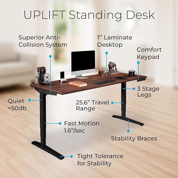 UPLIFTDESK V2 2-Leg Maple Laminate Wood Standing Desk – Adjustable Height, Advanced 1-Touch Memory Keypad, Under Desk Cable Management, Wire Grommets & Rocker Board (Black C-Frame, 60 x 30 inch)
