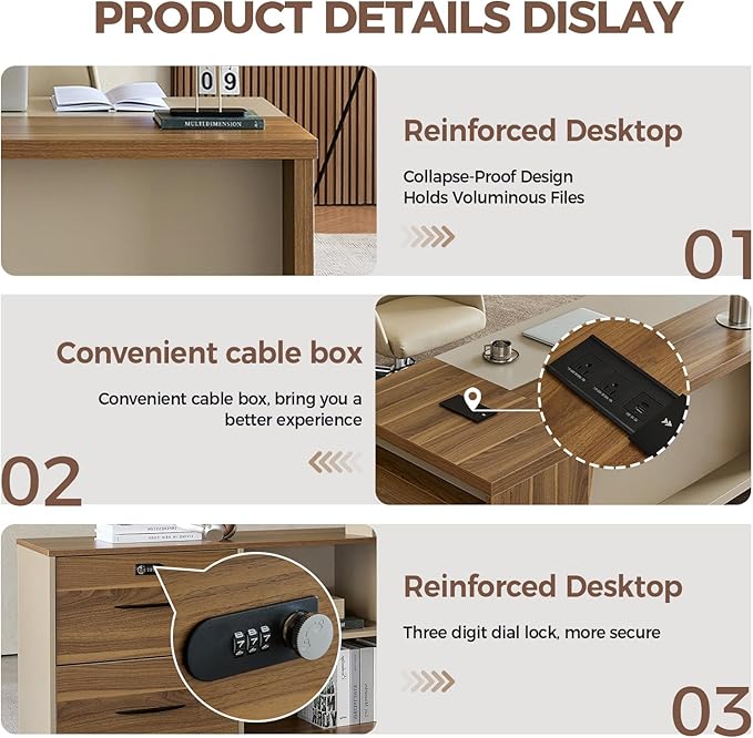 Modern L Shape Executive Desk with Drawers and Lockable Storage Cabinet, Large Executive Office Desk with Cable Management (Champagne Wood Grain+Beige/Left,79" L*63" W*30" H)