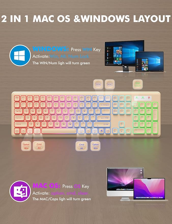 Wireless Keyboard and Mouse Combo, RGB Backlit, Rechargeable & Light Up Letters, Full-Size, Soft Typing, Sleep Mode, 2.4GHz Quiet Keyboard Set for Mac, Windows, Laptop, PC, Trueque (Warm Sand)