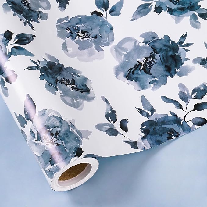 RUSPEPA Reversible Floral Wrapping Paper for Girls Women, Mini Roll, Watercolor Blue Floral and Solid Blue Gift Wrap Paper for Birthday, Wedding, Mother's Day, Bridal Shower, 17 Inches x 16.4 Feet