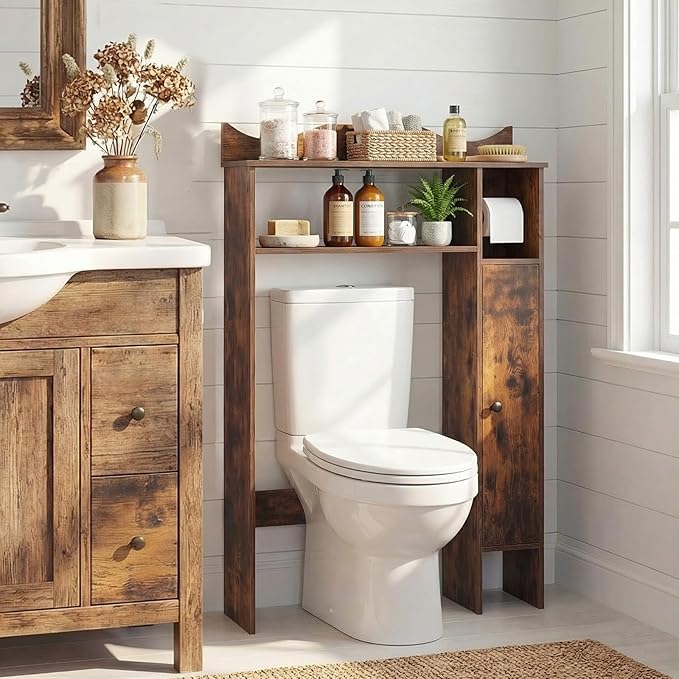 Tangkula Over the Toilet Storage Cabinet, Bathroom Organizer with Toilet Paper Holder, Adjustable Shelves, Freestanding Behind Toilet Stand, Perfect for Bathroom, Laundry (Modern, Rustic Brown)