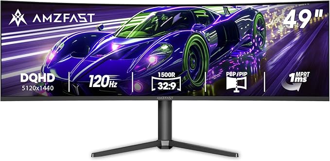 Amzfast 49 Inch Curved Monitor 120Hz DQHD 5120x1440p Ultrawide Gaming Monitor, 120% sRGB, 1500R, 1ms MPRT, HDR, Adaptive Sync, PIP/PBP, Height Adjustable, HDMI 2.0/DP 1.4, VESA 75x75, AMZG49C7U