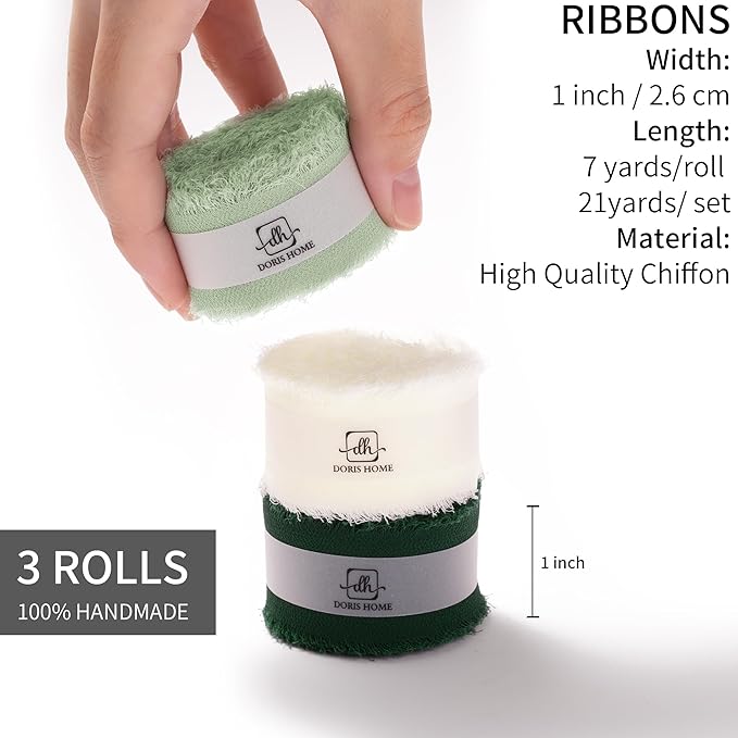 DORIS HOME Green and Cream Chiffon Ribbon for Flower Bouquet, 1" x21Yd Fabric Ribbon for Gift Wrapping, Handmade Frayed Ribbon for Wedding Invitations/Christmas Decorations