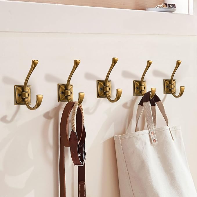 Large Antique Brass Coat and Towel Hooks - 10 Pack 4.35 Inch Double Robe Hooks for Key, Towel, Bags, Cup, Hat