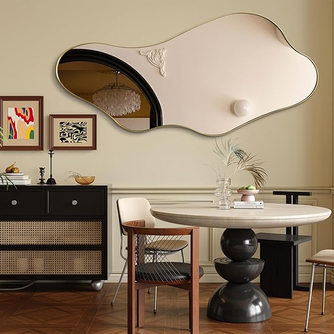 Large Irregular Wall Mirror, 63"x29.2" Asymmetrical Full Length Mirror with Gold Metal Frame, Organic Shaped Mirrors for Living Room Bedroom Hallway Entryway, Horizontal or Vertical Hanging