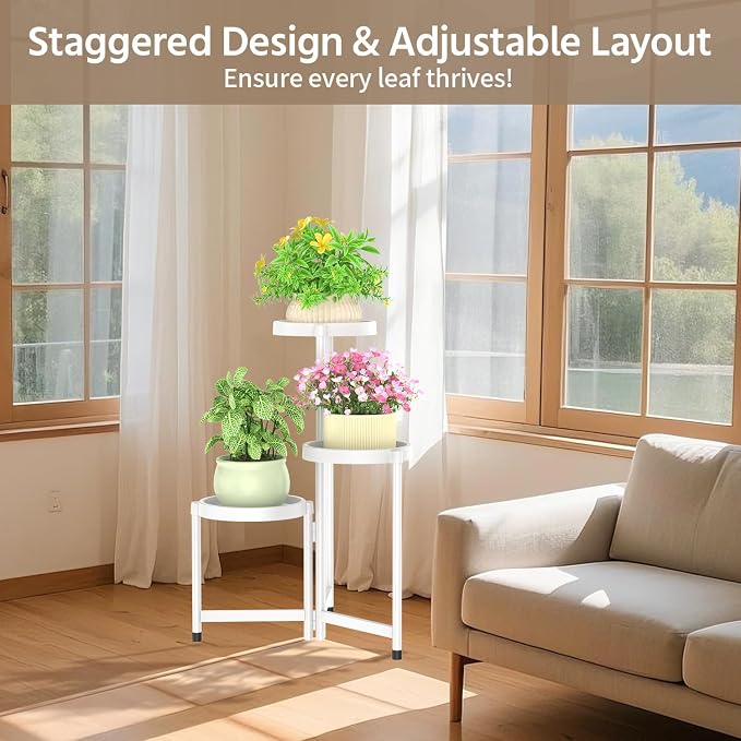 LASZOLA 3 Tiered Plant Stand Indoor Outdoor with Plastic Tray, Corner Folding Tall Flower Display Rack, Modern Plant Holder Shelf for Outdoor Patio Porch Garden Office Living Room, White