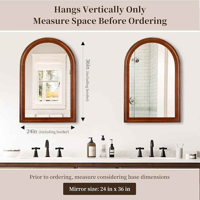 Tanmicoshomy Wood Bathroom Mirror for Wall 24x36 Inch,Rustic Wall Mirrors with Tempered Glass for Living Room, Bedroom or Entryway(Walnut)