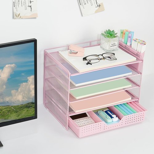 LEKETREE Desk Organizer - 5-Tier Paper Letter Tray with Drawer & 2 Pen Holders | Pink Office Supplies