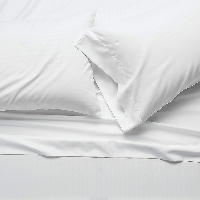 Amazon Basics Soft, Wrinkle-Free Bed Sheets Full Size, Deluxe Microfiber, Breathable, 4-Piece, Bright White Striped