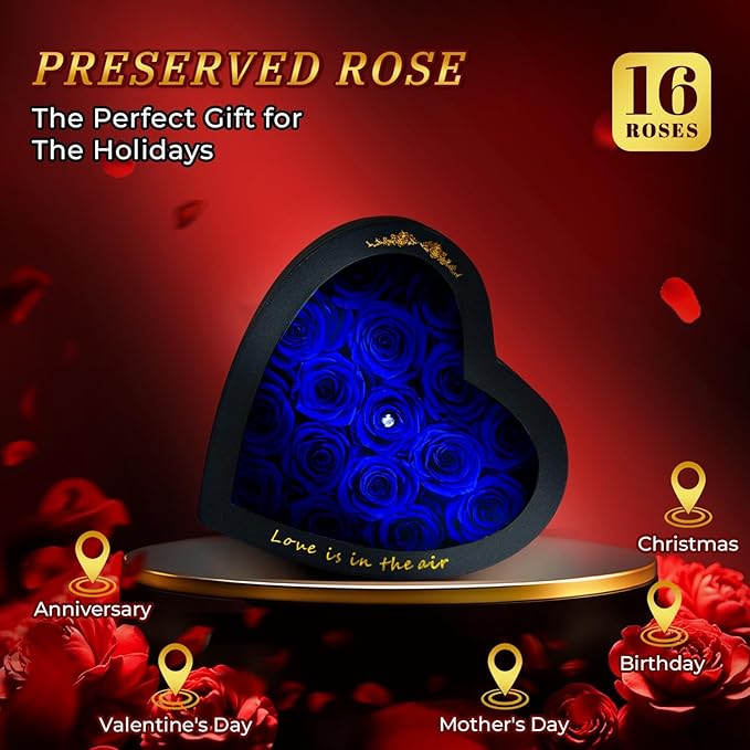 Forever Blue Roses in a Box Heart Shaped 16 Preserved Flowers for Delivery Grade A Quality 100% Real Immortal Flower Eternal Birthday for Her Mom Women Wife Girlfriends (Heart-Blue)