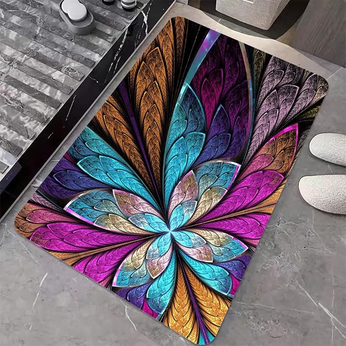 Diatomaceous Earth Bath Mat,Colorful Fractal Glass Flowers Non-Slip Volume Super Absorbent Fast Drying for Bathroom Kitchen Door mat,Eco-Friendly Easy to Clean 20×31Inch (50 * 80cm)