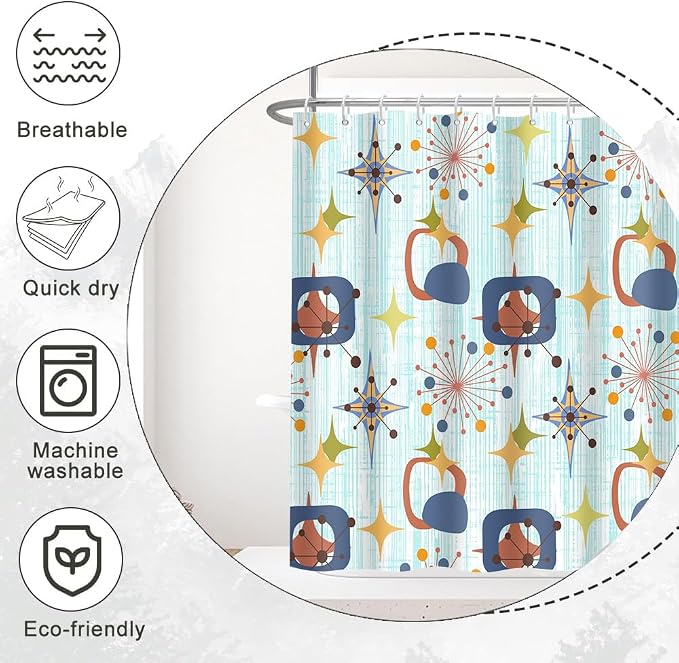 Mid Century Shower Curtain, 36x72inch, Modern Abstract Retro Blue Striped Geometric Shower Curtain Sets 1950s Boho Bathroom Shower Curtain with 6 Hooks