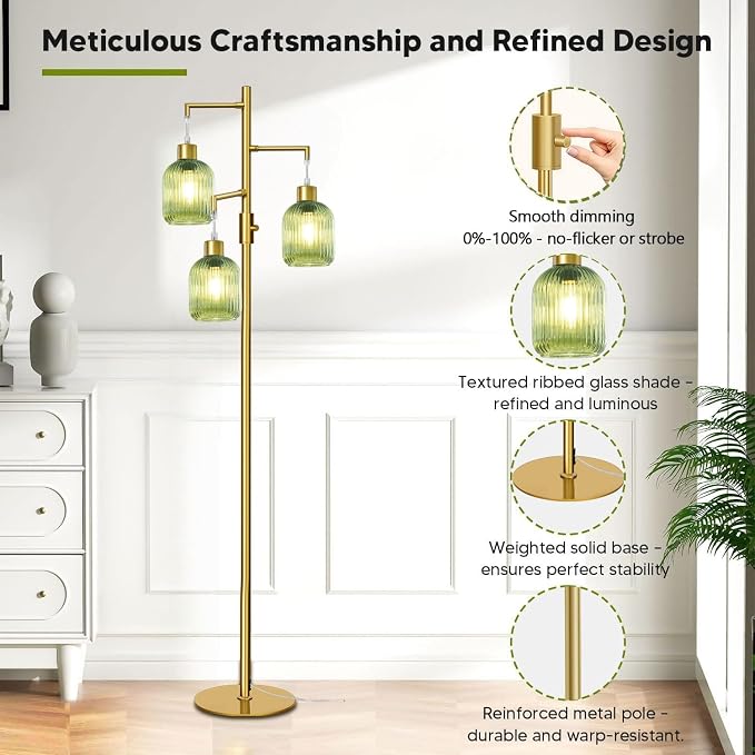 Modern Floor Lamps for Living Room, Glass Standing Lamp with Green Shade, Dimmable Ribbed Glass 3 Lights Floor Lamps, Mid Century Tall Lamp for Bedroom, 3 Bulbs Included